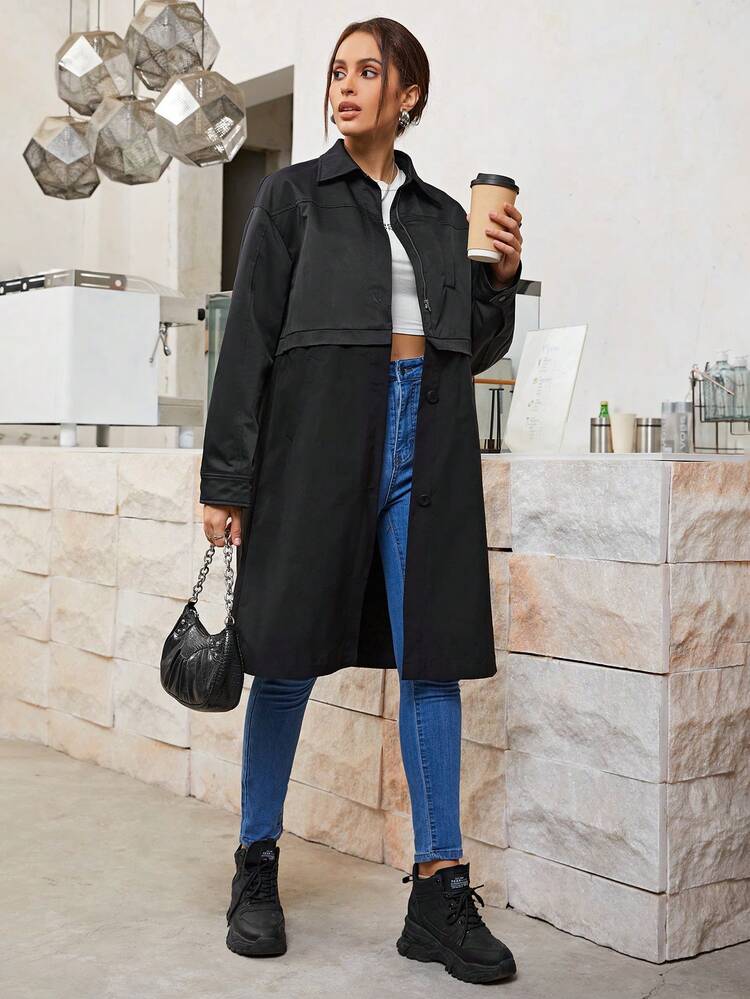 Solid Button Front Belted Coat