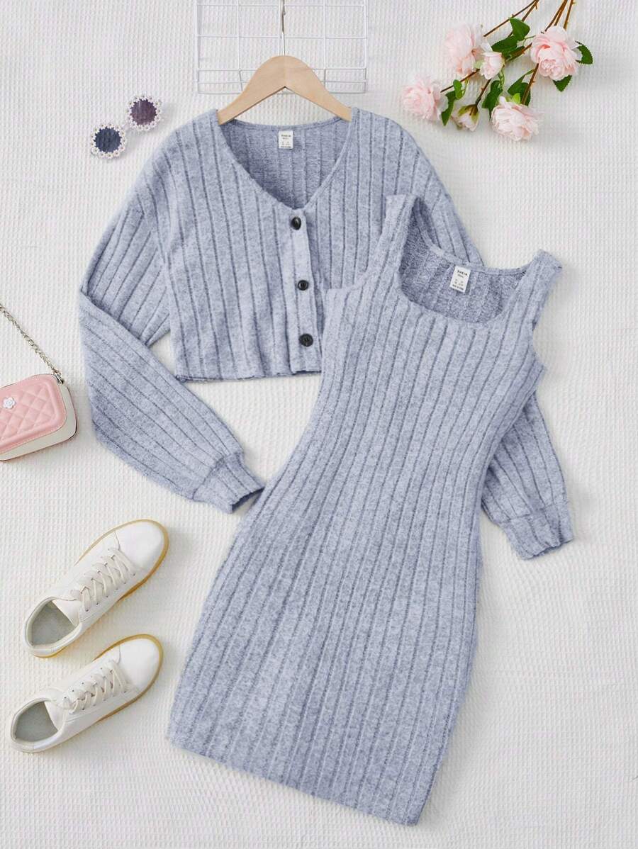 SHEIN Leap Crew Teen Girl Button Front Jacket & Tank Dress - Baby Blue - View 1