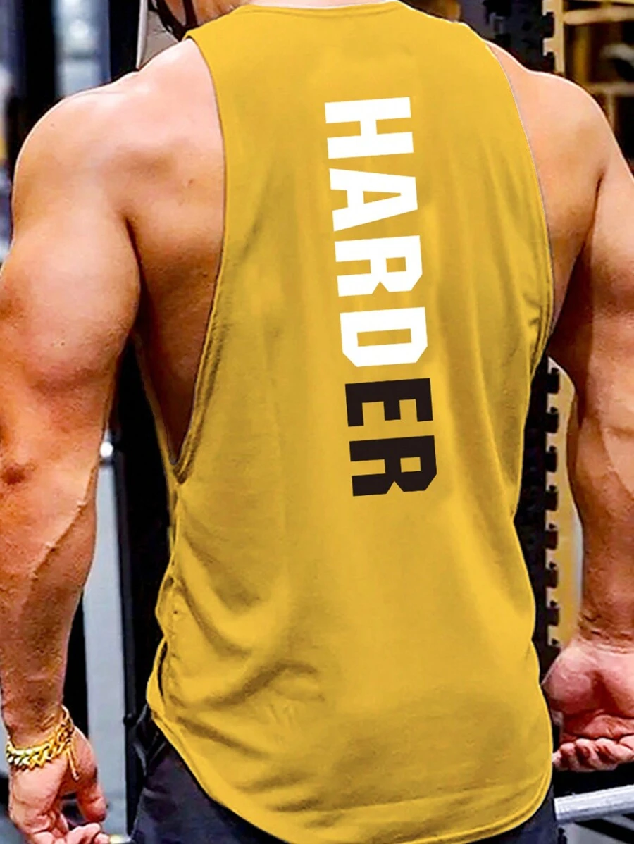 Manfinity Sport PWRUP 男友风格男士字母图案运动背心 运动上衣 健身上衣 透气