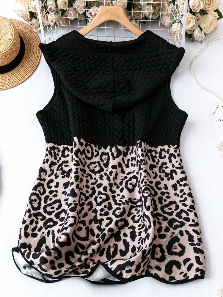 Plus Leopard Print Hooded Vest Coat