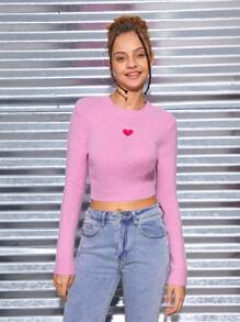 SHEIN 青少年女孩愛心圖案短款毛衣 - 粉色 - 查看 5