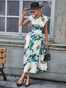 Aveloria Floral Print Batwing Sleeve Half Button Shirt Dress - Dark Green - View 3