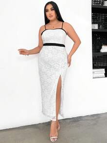 Celure 大碼撞色滾邊高衩蕾絲吊帶洋裝 - 黑與白 - 查看 6