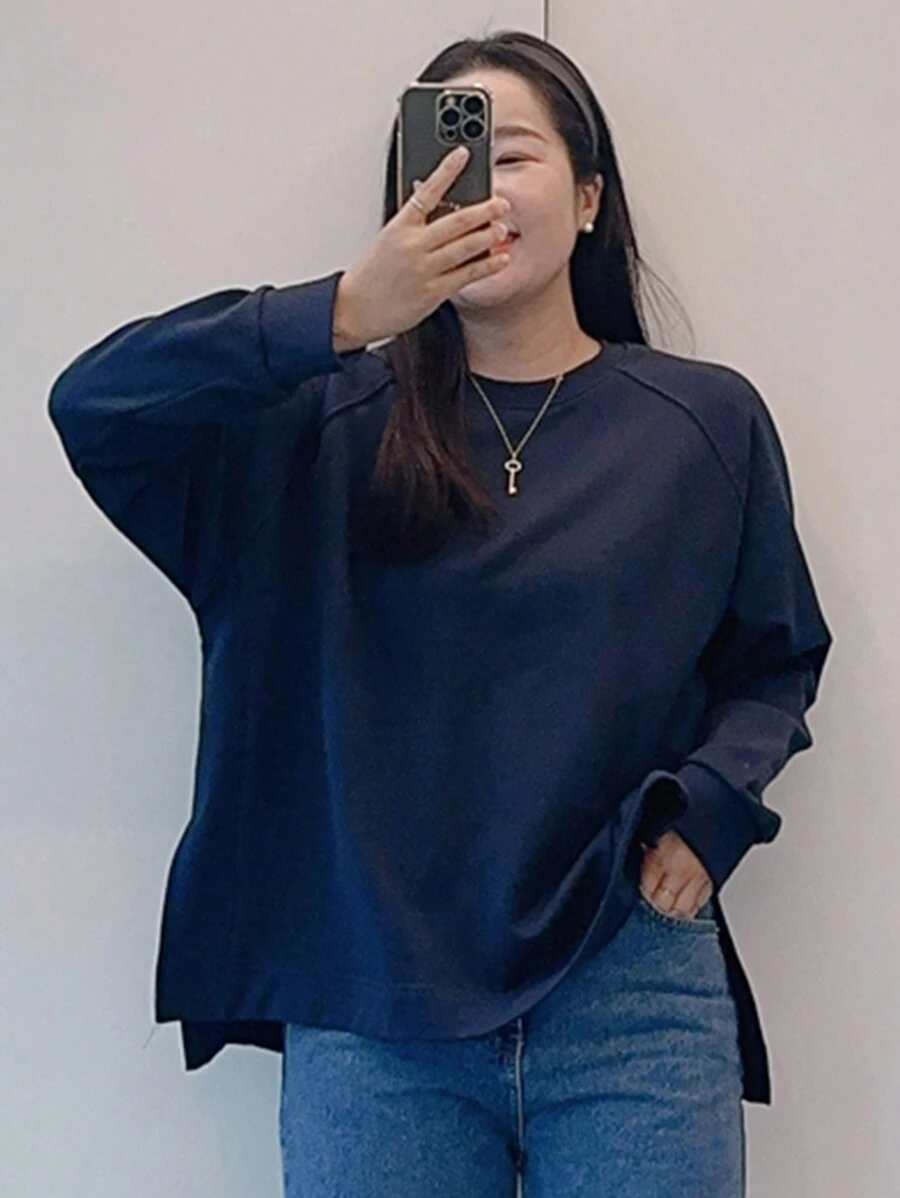 Dazy Petite Plus Chất rắn Tay Raglan Viền chia cắt Áo chui đầu - Màu xanh lam - Xem 1