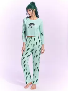 The Powerpuff Girls | ROMWE Women's Cartoon Printed Pajama Set - Green - View 4