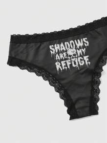 Bat Sada 3pcs Letter Graphic Contrast Lace Trim Mesh Panty Sets - Multicolor - View 3