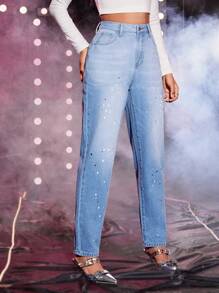 High Waist Splash Ink Print Mom Fit Jeans - Blue - View 7