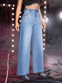 SHEIN Rhinestone Chi tiết quần ống rộng Quần jean - Rửa nhẹ - Xem 4