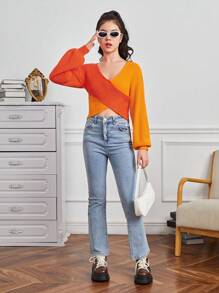 Teen Girl Two Tone Crossover Sweater