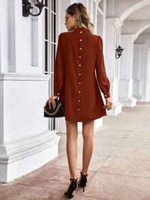 SHEIN LUNE Notch Neck Button Back Dress - Rust Brown - View 6