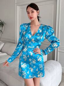 EastFlair Floral Print Puff Sleeve Cut Out Back Blouse