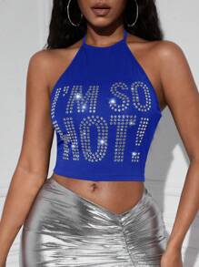 Slaydiva Pha lê Mẫu khẩu hiệu Không lưng Áo Crop Halter - Xanh đậm - Xem 1