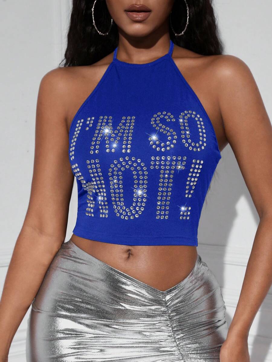 Slaydiva Pha lê Mẫu khẩu hiệu Không lưng Áo Crop Halter - Xanh đậm - Xem 1