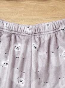 女大童刺繡卡通圖案法蘭絨上衣和褲子睡衣套裝 - 灰色 - 查看 5