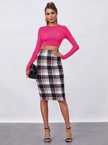 SHEIN BASICS 1 Miếng Chất rắn Áo phông Crop - Màu Hồng Tươi - Xem 3