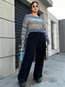 SHEIN EZwear 大碼條紋圖案網眼針織落肩袖套頭毛衣 - 彩色 - 查看 5