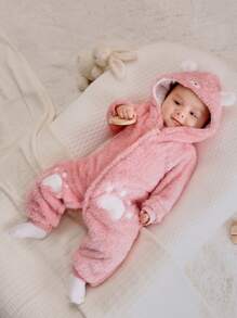 SHEIN Persoplay Kids Baby Mädchen PJ-Overall Cartoon Stickerei, 3D-Ohren Design, Kapuze, Flanell