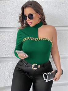 SHEIN Privé 大碼鏈條細節不規則肩T恤 - 綠色 - 查看 3