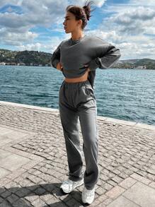 RueChic Solid Drop Shoulder Tee & Sweatpants - Dark Grey - View 5