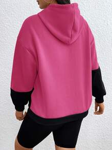 SHEIN EZwear 加大码双色落肩抽绳卫衣 - 玫紅色 - 查看 2