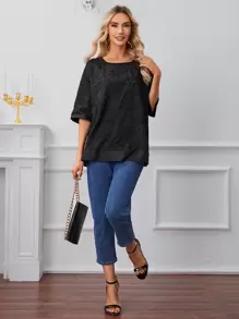 SHEIN LUNE Blouse Trou De Serrure Retour Épaule tombante - Noir - Voir 3