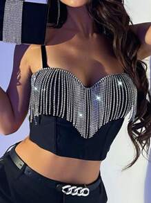 Apperloth A Rhinestone Tassel Trim Tight Bustier Camisole, Suitable For Rave Music Festivals - Black - View 1