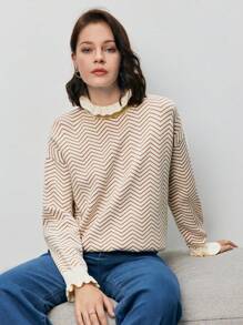 SHEIN Frenchy Jersey con patrón de cheurón ribete fruncido de hombros caídos - Multicolor - Ver 4