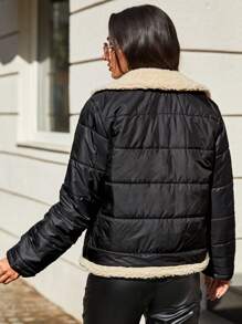 RueChic Abrigo acolchado cuello de borreguito de doble botonadura con forro teddy
