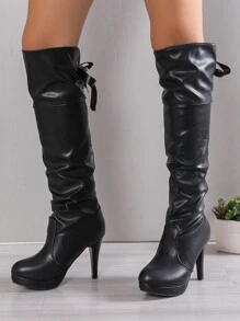 女性過膝高跟鞋靴子帶防水防水台,後系帶背帶和抽褶設計在黑色 - 黑色 - 查看 5