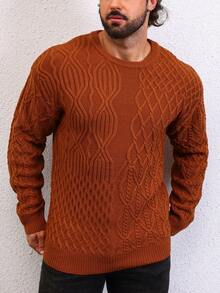 Manfinity Homme 男士素色麻花編織套頭毛衣 - 咖啡棕 - 查看 5