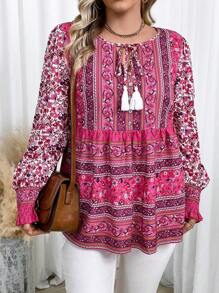 Celure 大碼印花流蘇繫帶領喇叭袖荷葉邊下擺襯衫 - 紅色 - 查看 1