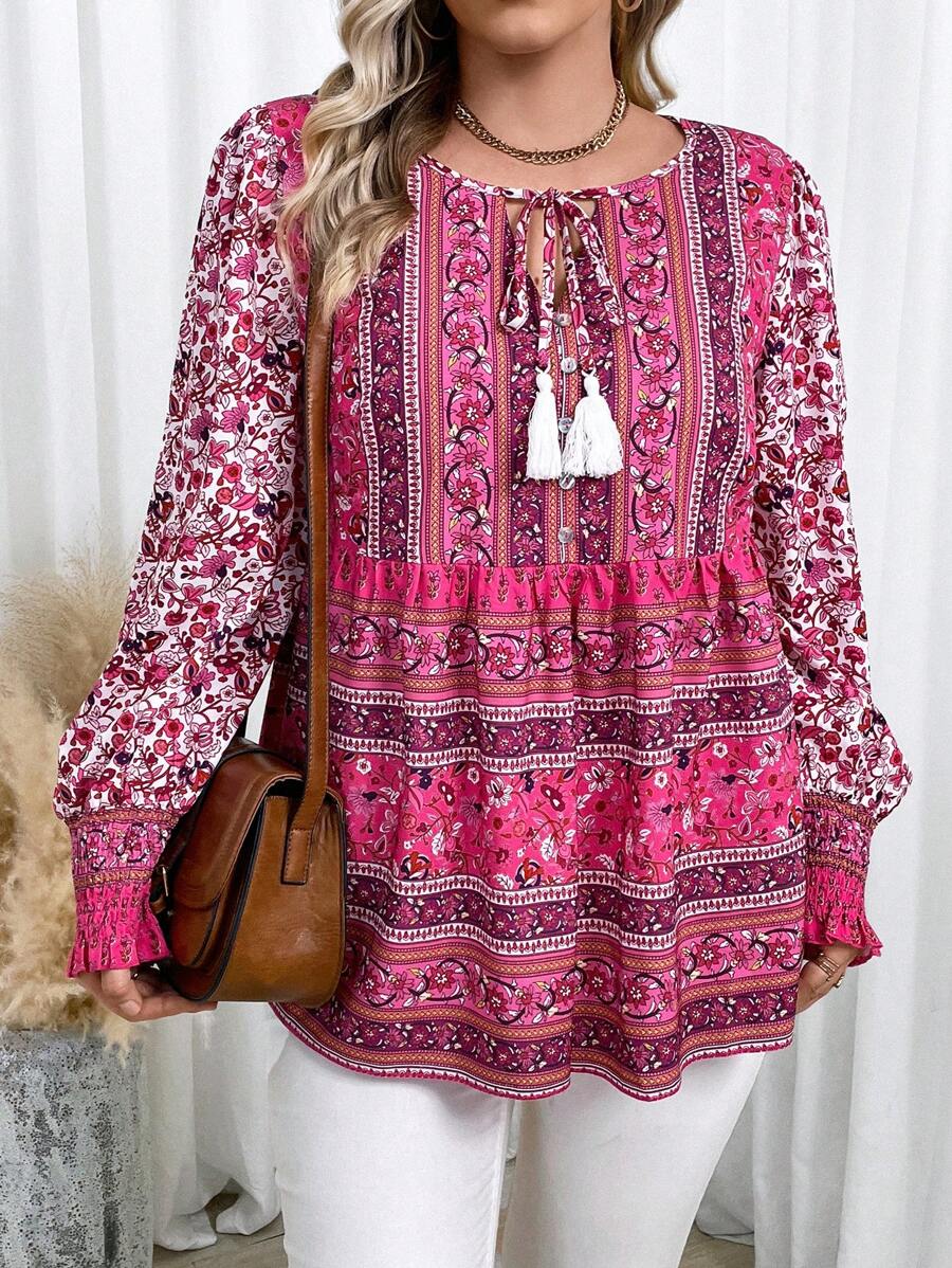 Celure 大碼印花流蘇繫帶領喇叭袖荷葉邊下擺襯衫 - 紅色 - 查看 1