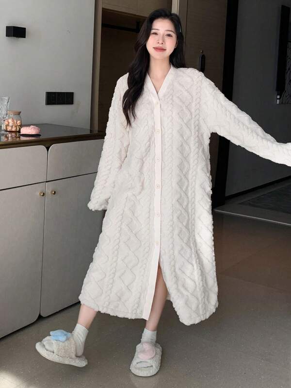 DAZY Solid Drop Shoulder Flannel Robe Fluffy,Fleece Lined Fall,Winter