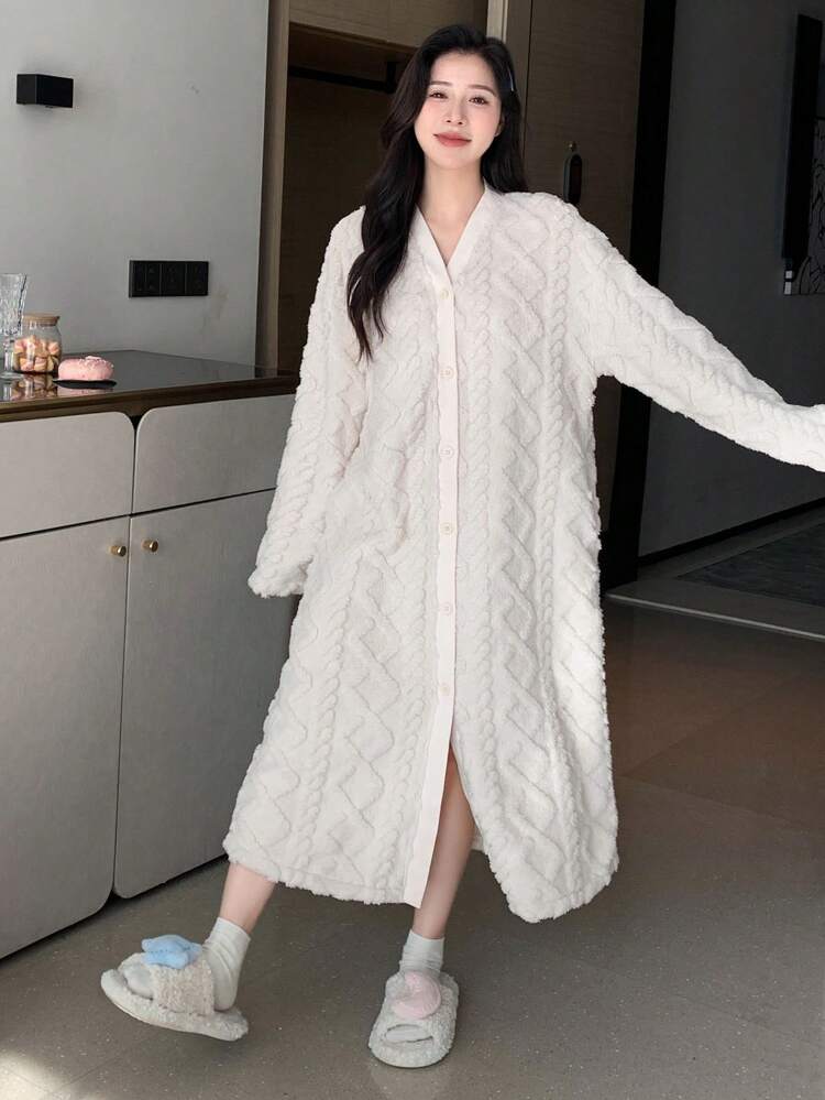 Solid Drop Shoulder Flannel Cozy Robe Fluffy,Thermal Lined Fall,Winter