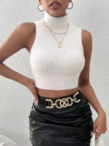 Allurite 高領短款背心針織上衣 - 白色 - 查看 1
