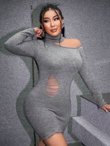 SHEIN SXY Cut Out Shoulder Hooded Bodycon Sweater Dress - Grey - View 5
