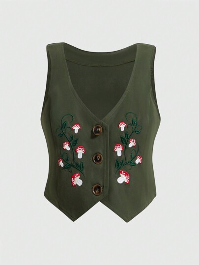 Fairycore جاكيت صدري مطرز بالفطر أزرار أمامية