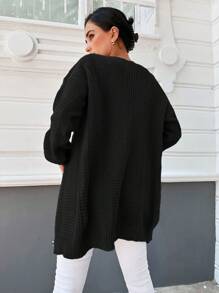 EURMUSE 女士休闲纯色开衫，秋冬季 - 黑色 - 查看 2