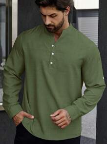 Manfinity Homme Camisa De Manga Larga Para Hombres Con Botones En La Parte Delantera Y Pestañas En Las Mangas - Verde militar - Ver 5
