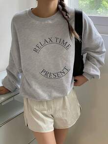 DAZY Letter Graphic Drop Shoulder Oversized Pullover - Grey - View 7