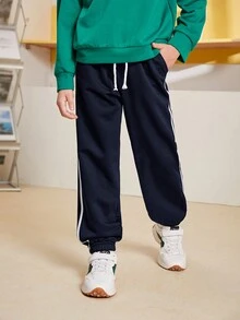 SHEIN Cậu bé Tween Băng tương phản Eo dây rút Quần thể thao - Màu xanh hải quân - Xem 6