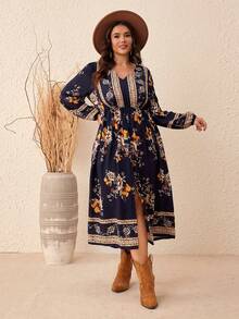 SHEIN VCAY Plus Floral Print Split Hem Dress - Multicolor - View 4
