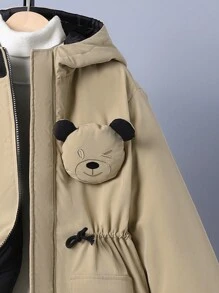 SHEIN Tween Boy 1 件 3D 熊装饰抽绳腰部翻盖口袋连帽加厚外套 - 卡其色 - 查看 5