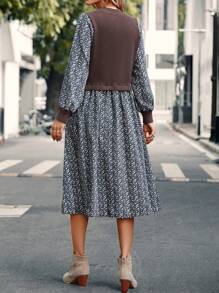 EMERY ROSE 碎花假兩件洋裝 - 卡其色 - 查看 2