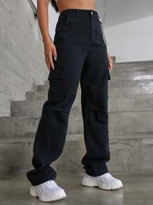 SHEIN EZwear High Waist Chain Detail Cargo Jeans - Black - View 3