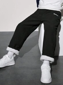 SHEIN Tween Boy Letter Patched Detail Thermal Lined Pants - Black - View 1