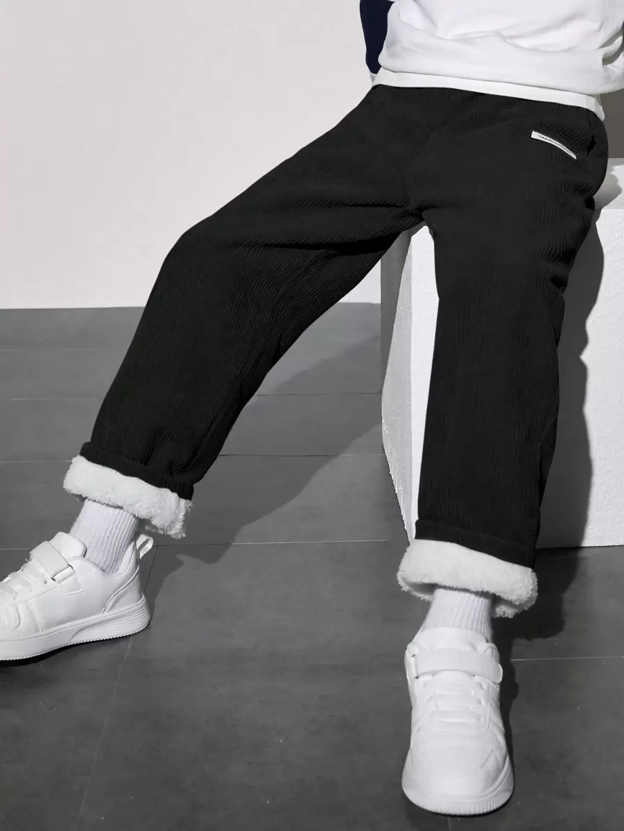 SHEIN Tween Boy Letter Patched Detail Thermal Lined Pants - Black - View 1