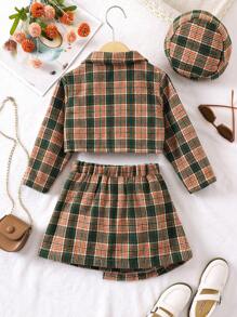 SHEIN 女小童格紋印花西裝領夾克&半身裙&帽