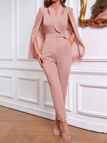 SHEIN Privé 斗篷袖青果領斜口袋連身褲 - 藕粉色 - 查看 5