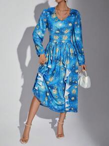 SHEIN Privé Allover Print Ruffle Trim Dress - Blue - View 3